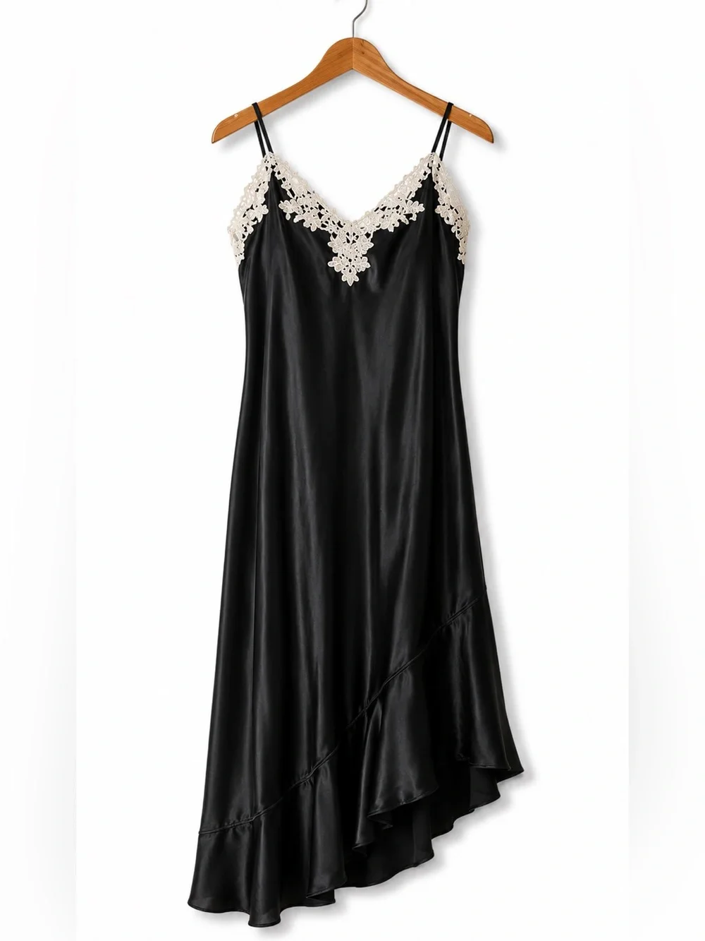 Verena Black Satin Lace Trim Slip Dress Asymmetrical Hem Nightgown L - Picture 2 of 10